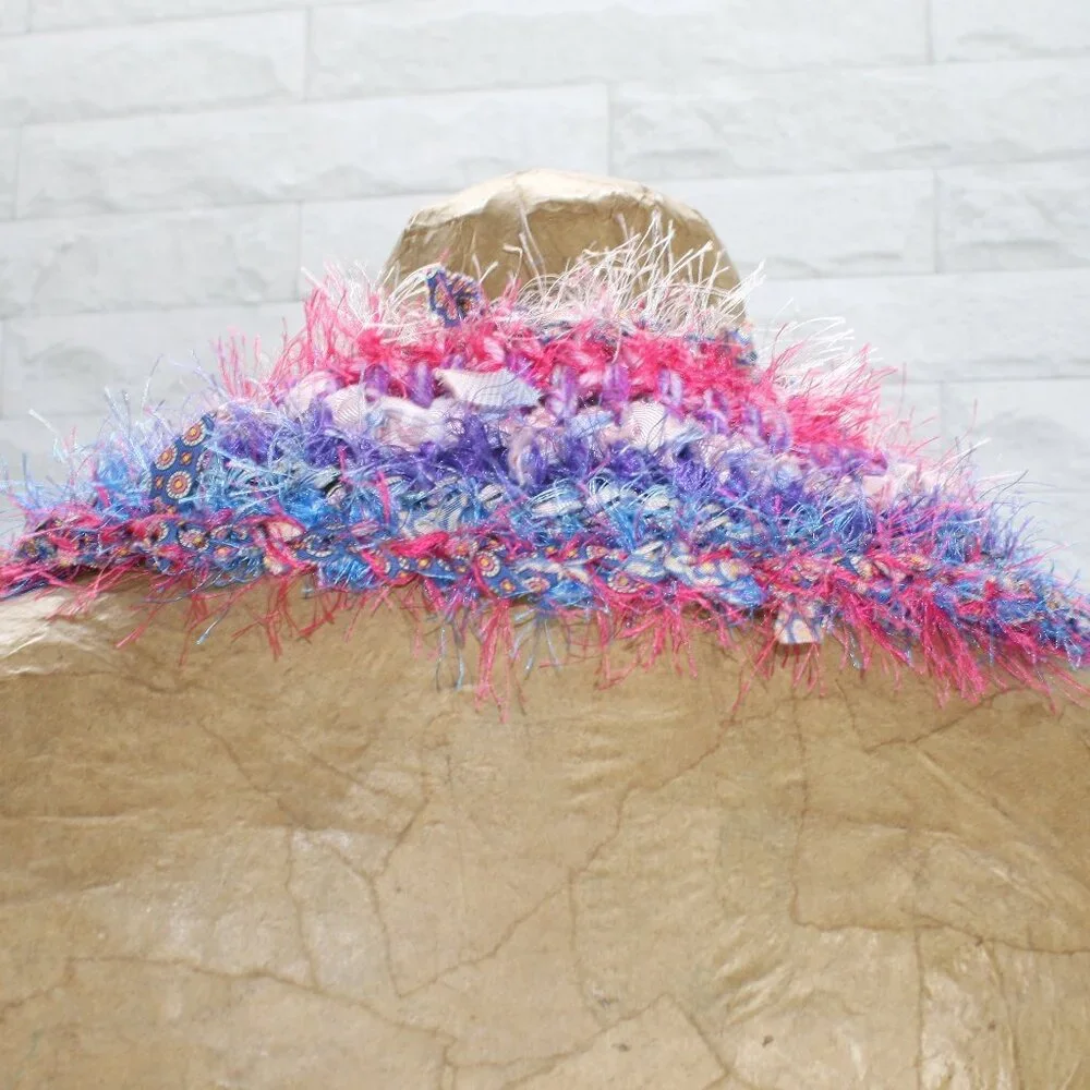 HAND CRAFTED Scarf Upcycled Crochet Infinity Oversized Fuzzy Necktie Pink Stripe